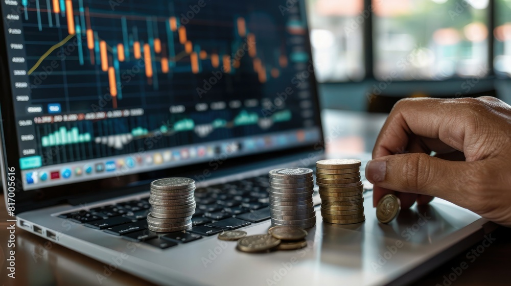 Poster A person using a laptop to monitor stock performance with a stack of silver coins placed next to the keyboard and a trading chart on the screen. 