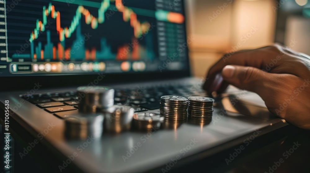 Poster A person using a laptop to monitor stock performance with a stack of silver coins placed next to the keyboard and a trading chart on the screen. 