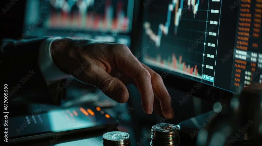 Poster a businessman's hand reaching out to touch a screen displaying a trading chart, with a stack of silv