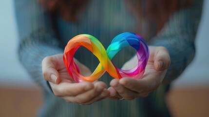 Colorful autism infinity rainbow symbol sign in outstretched woman hands. World autism awareness day, autism rights movement, neurodiversity, autistic acceptance movement