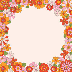 70s 60s retro groovy wreath of hippie daisy flowers. Floral square frame isolated on background. Hand-drawn illustration in vintage boho style