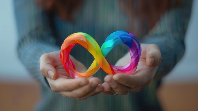 Colorful autism infinity rainbow symbol sign in outstretched woman hands. World autism awareness day, autism rights movement, neurodiversity, autistic acceptance movement - Powered by Adobe