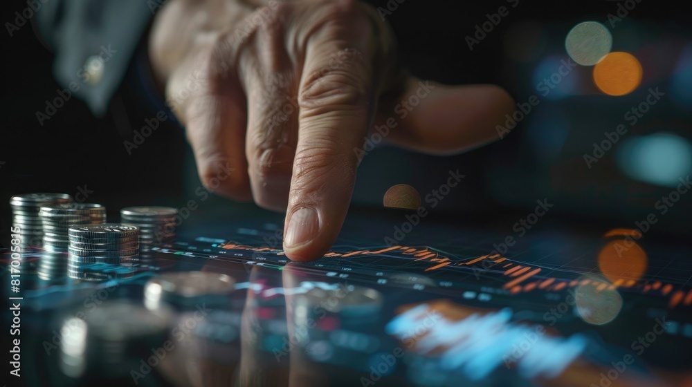 Poster a businessman's hand reaching out to touch a screen displaying a trading chart, with a stack of silv