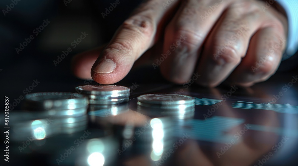 Poster a businessman's hand reaching out to touch a screen displaying a trading chart, with a stack of silv