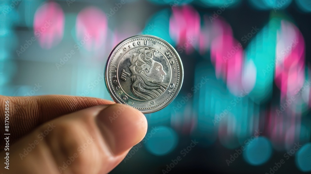 Poster A close-up of a hand holding a silver coin against the backdrop of a trading chart, emphasizing the connection between physical assets and market trends. 