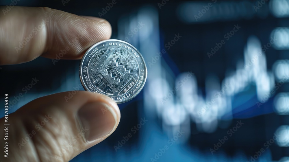 Poster A close-up of a hand holding a silver coin against the backdrop of a trading chart, emphasizing the connection between physical assets and market trends. 