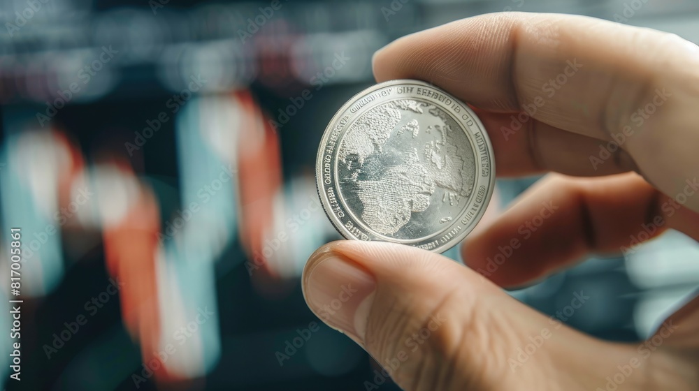 Poster A close-up of a hand holding a silver coin against the backdrop of a trading chart, emphasizing the connection between physical assets and market trends. 