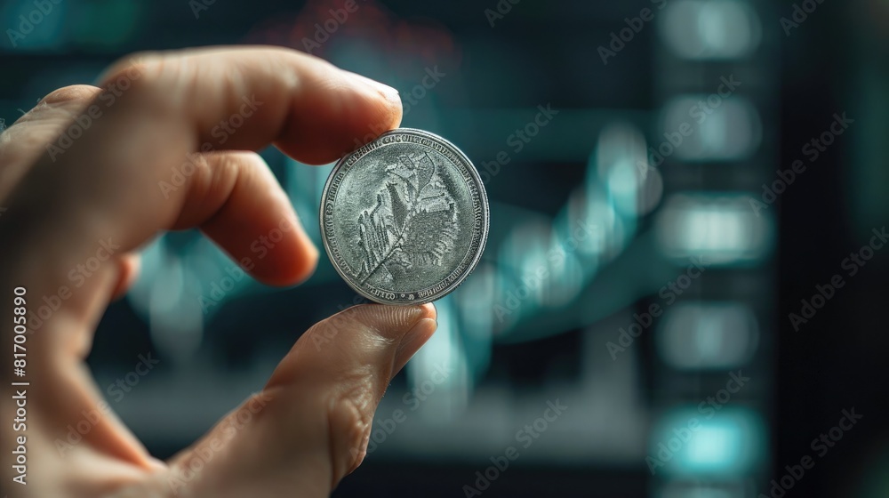 Aufkleber a close-up of a hand holding a silver coin against the backdrop of a trading chart, emphasizing the 