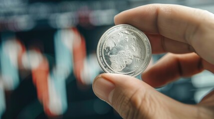 A close-up of a hand holding a silver coin against the backdrop of a trading chart, emphasizing the...