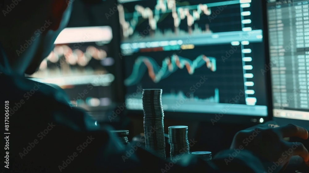 Poster A financial analyst reviewing market data with a stack of silver coins and a trading chart visible on a computer monitor.