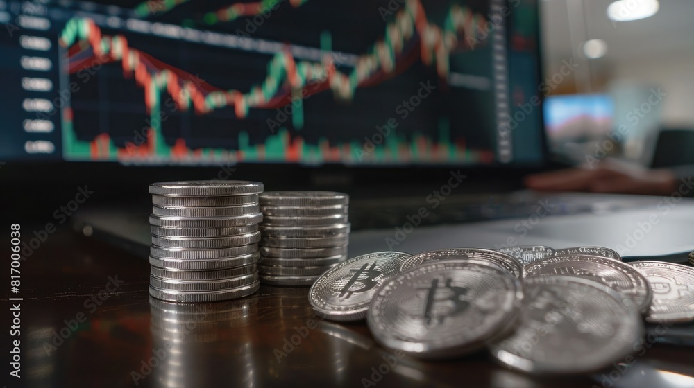 Aufkleber A financial analyst reviewing market data with a stack of silver coins and a trading chart visible on a computer monitor. 