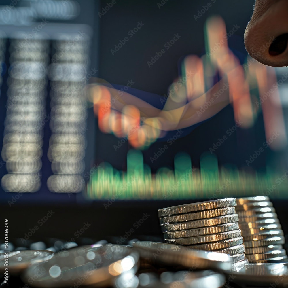 Poster A financial analyst reviewing market data with a stack of silver coins and a trading chart visible on a computer monitor. 