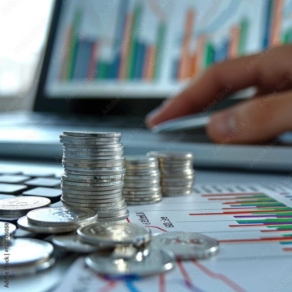 Poster A financial analyst reviewing market data with a stack of silver coins and a trading chart visible on a computer monitor. 