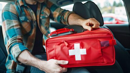A person in a checkered shirt is seen handling a red first aid kit with a white cross emblem, sitting inside a car. The scene suggests preparedness for emergency situations.