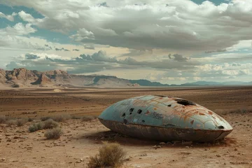 Fotobehang Weathered, ufoshaped object lies forgotten in an expansive desert under a dramatic sky © anatolir