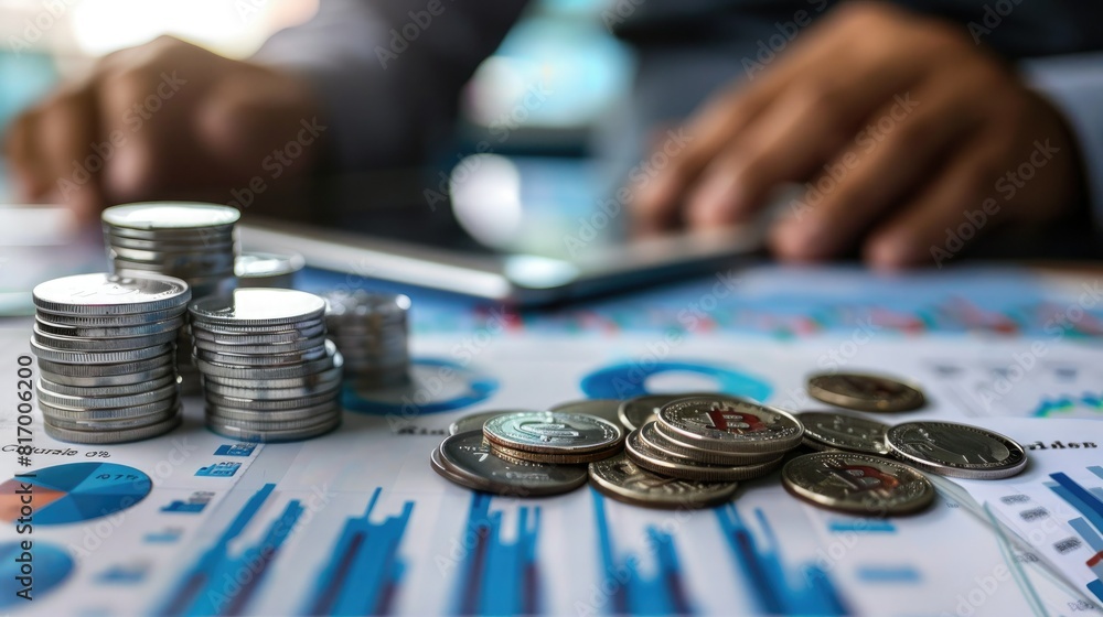 Poster A businessman examining a trading chart on a digital tablet with a stack of silver coins and financial documents spread out on a desk. 