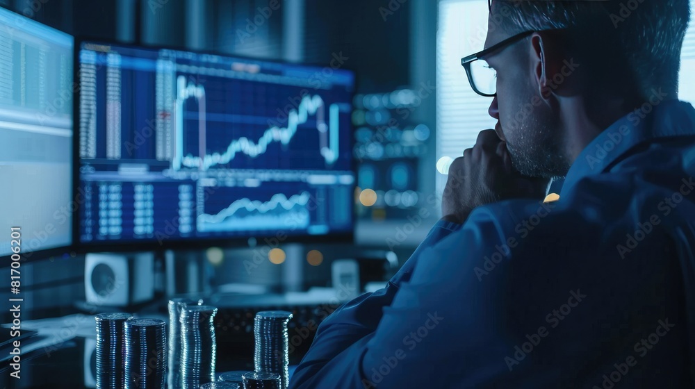 Poster A financial analyst reviewing market data with a stack of silver coins and a trading chart visible on a computer monitor. 