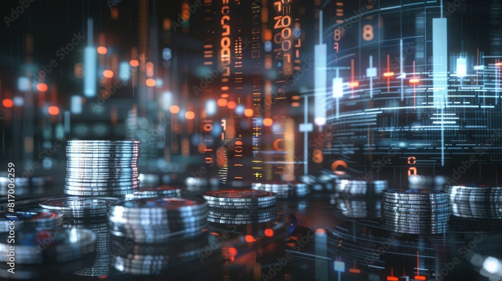 Aufkleber A futuristic holographic projection of a trading chart hovering above a stack of silver coins, representing the intersection of technology and finance. 