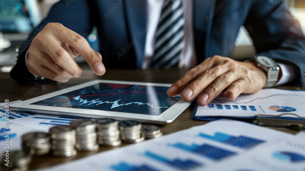 Poster A businessman examining a trading chart on a digital tablet with a stack of silver coins and financial documents spread out on a desk.
