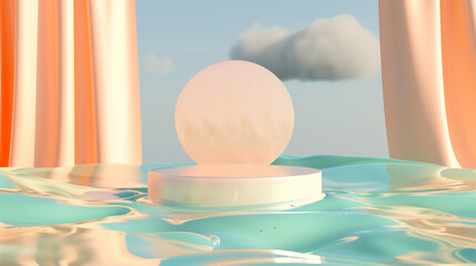 Fototapeta premium 3d render abstract platform podium on water and waving curtains. Realistic pastel mock-up for products promotion. Abstract modern minimal background with empty podium.