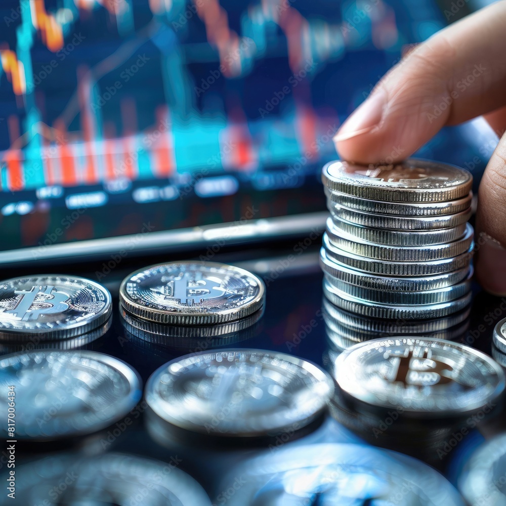 Aufkleber A person using a tablet to trade stocks online with a stack of silver coins and a trading chart displayed on the device. 