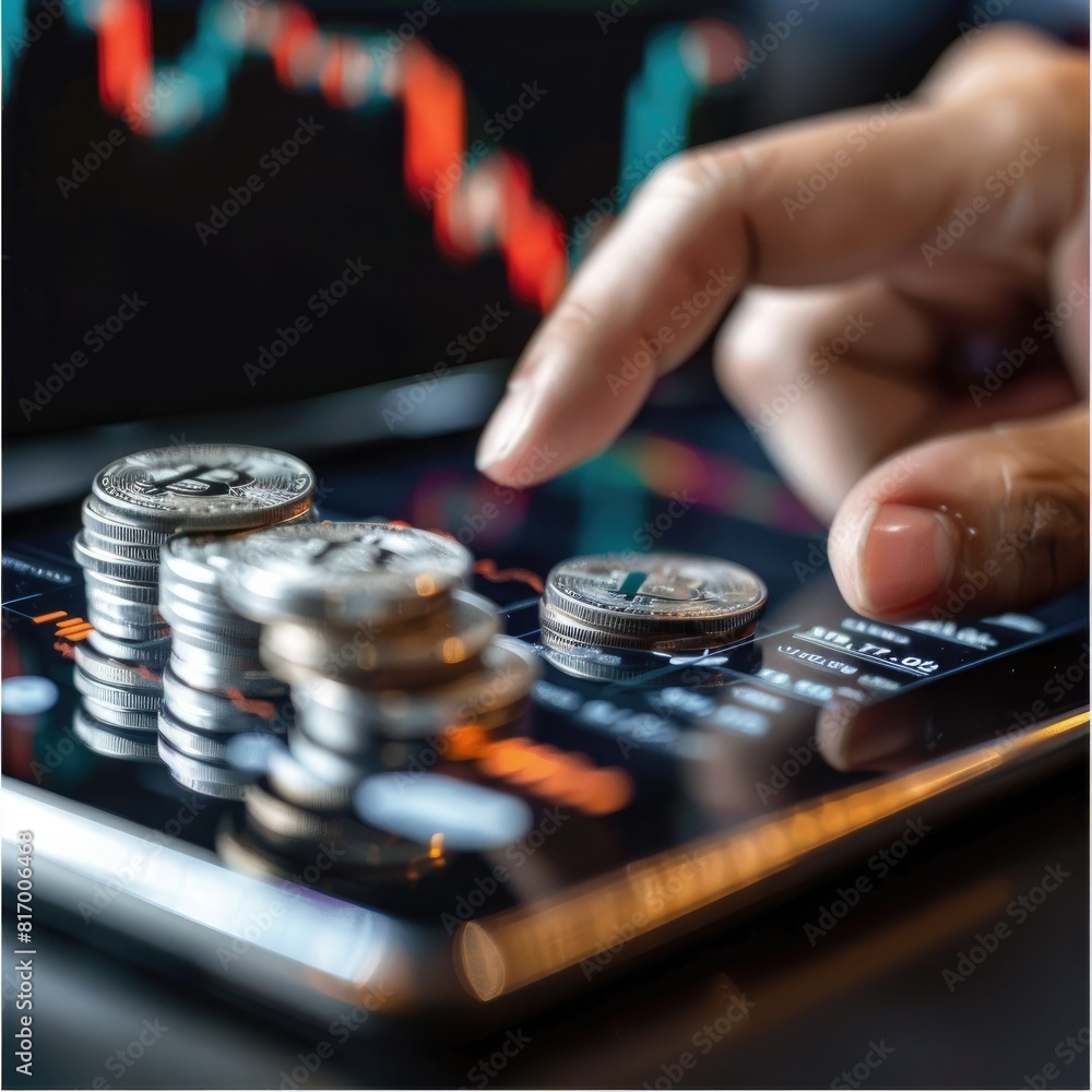 Poster A person using a tablet to trade stocks online with a stack of silver coins and a trading chart displayed on the device. 
