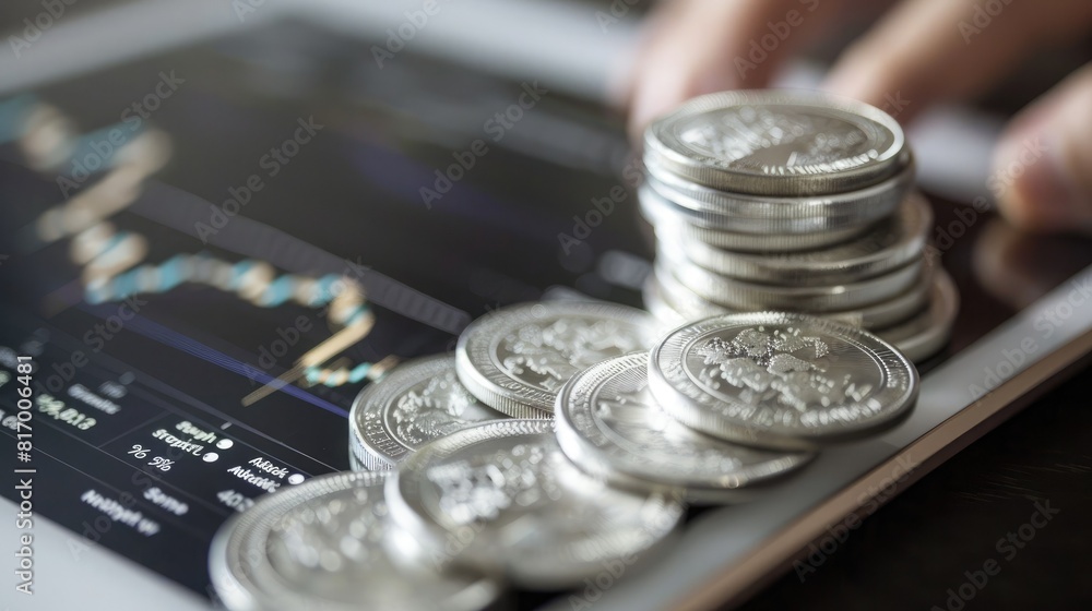 Poster A person using a tablet to trade stocks online with a stack of silver coins and a trading chart displayed on the device. 