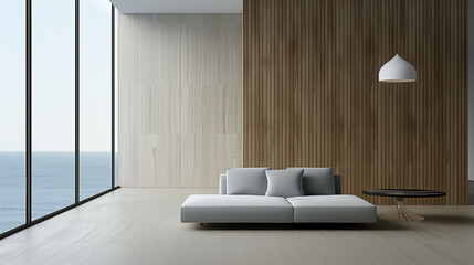 Modern dark and open space living room or hotel, grey sofa, natural oak acoustic slat wood panel on the wall. Hanging light. Two story hotel room. Panoramic floor to ceiling windows. 3d render.
