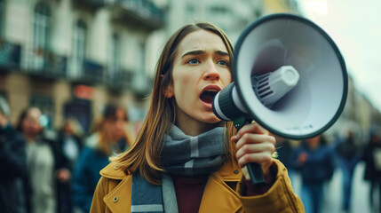 A woman is passionately speaking into a megaphone amidst an outdoor protest or rally, surrounded by a crowd of people. The image depicts activism and public demonstration.