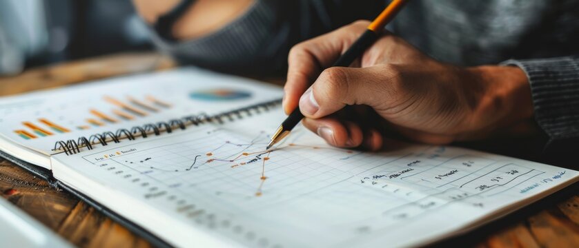 A close-up shot of a person's hand writing a compelling marketing message in a stylish notebook