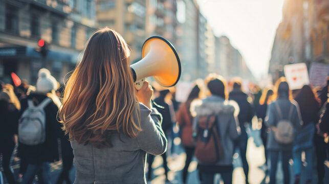 A woman with long hair uses a megaphone during a protest march on a city street. The scene captures the dynamic and passionate atmosphere of a crowd advocating for a cause.