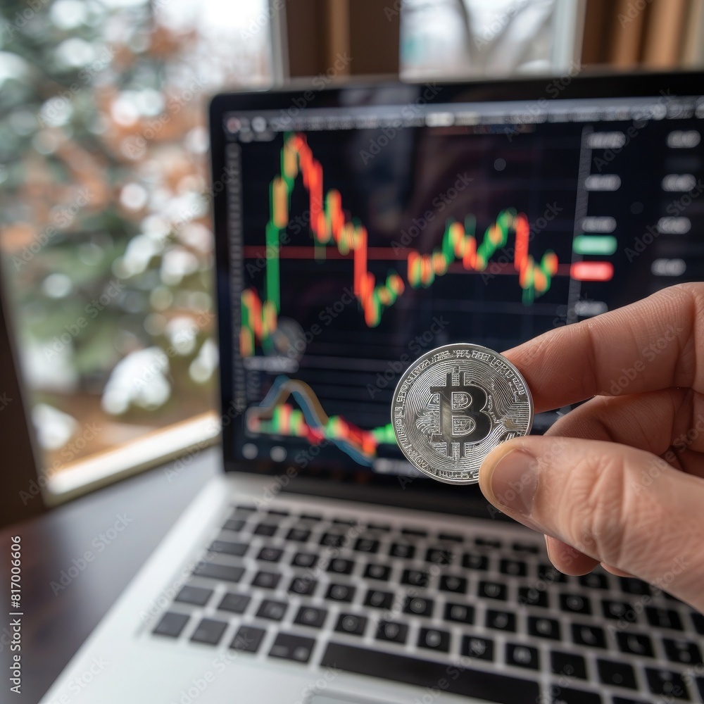 Poster a hand holding a silver coin in front of a laptop screen displaying a trading chart, illustrating th