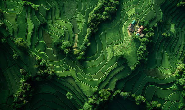 From above view green landscape with farm and rice fields