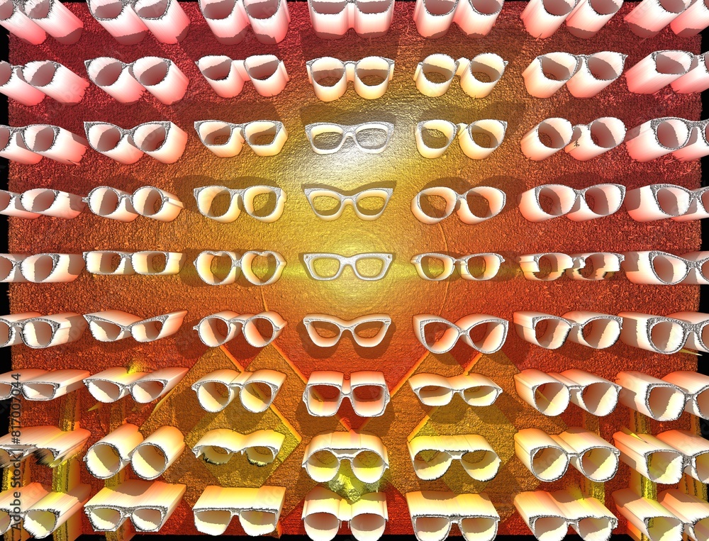 Aufkleber creative 3d exploding design inspired by summer and many pairs of sunglasses white on a black backgr