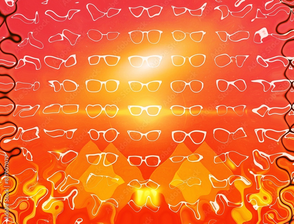 Poster bright yellow and red creative design with arrangement pattern of many similar sunglass frames