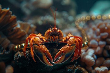 Vivid hermit crab with striking claws emerges from its shell amidst coral