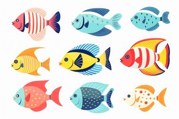 Fototapeta premium Minute tropical fish flat design top view aquarium smalls theme water color Triadic Color Scheme