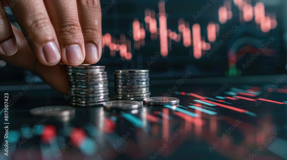 Poster a hand placing a silver coin onto a growing stack with a trading chart displayed on a nearby screen,