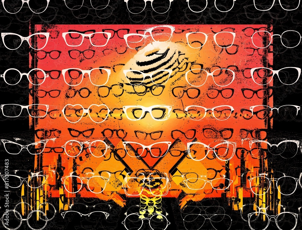 Poster creative 3d exploding design inspired by summer and many pairs of sunglasses white on a black backgr