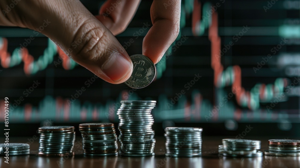Poster a hand placing a silver coin onto a growing stack with a trading chart displayed on a nearby screen,