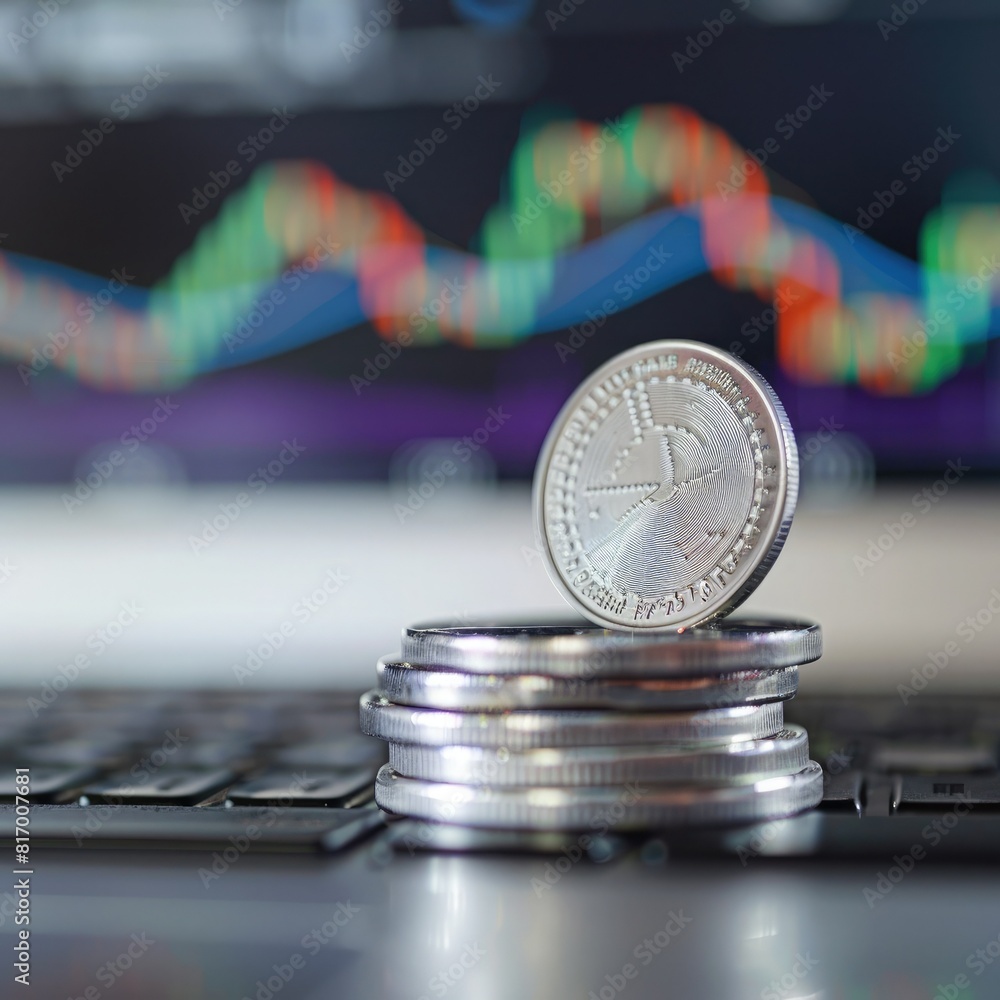 Aufkleber A close-up of a silver coin balanced on top of a stack with a trading chart visible on a computer monitor in the background. 