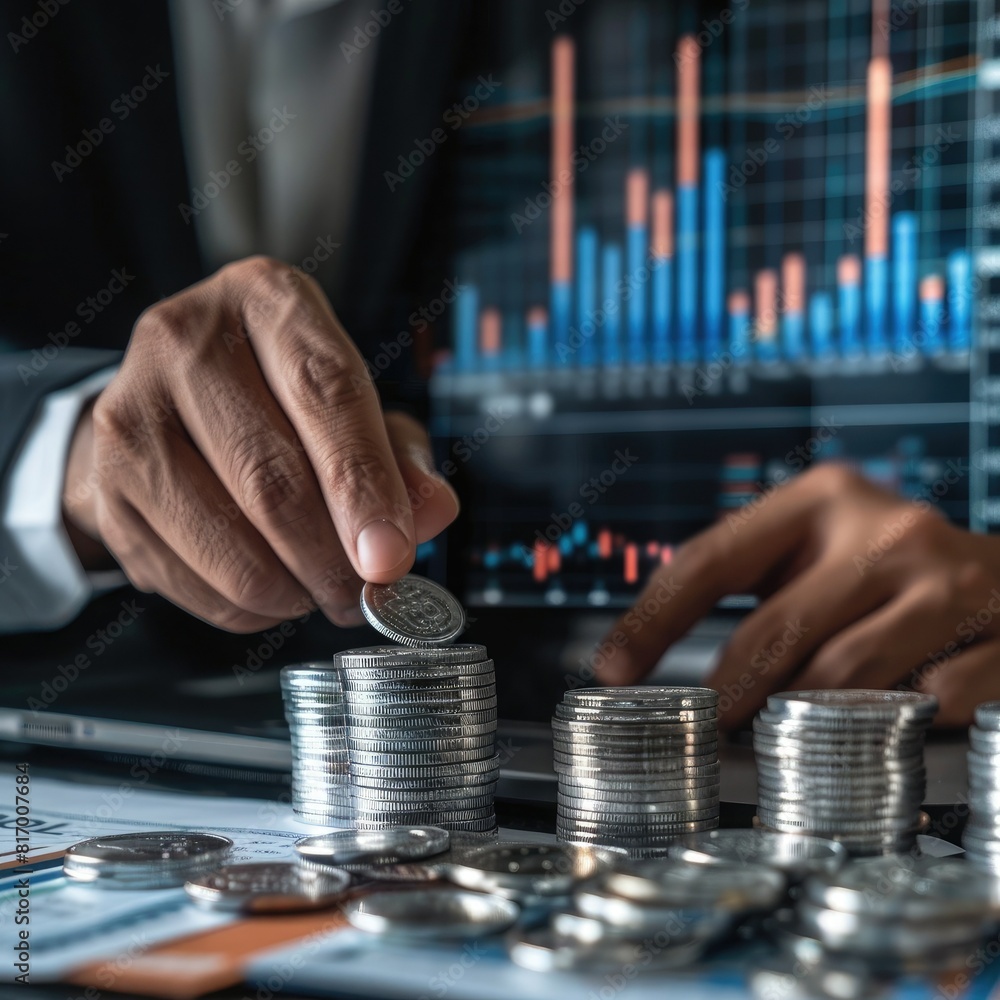 Poster A financial consultant presenting investment opportunities with a stack of silver coins and a trading chart displayed on a large screen. 