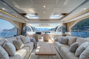 Obraz premium Interior of a luxury motor yacht with white sofas, pillows, table, captain's bridge floating on the sea on a sunny summer day among a beautiful view of the mountains and rocks
