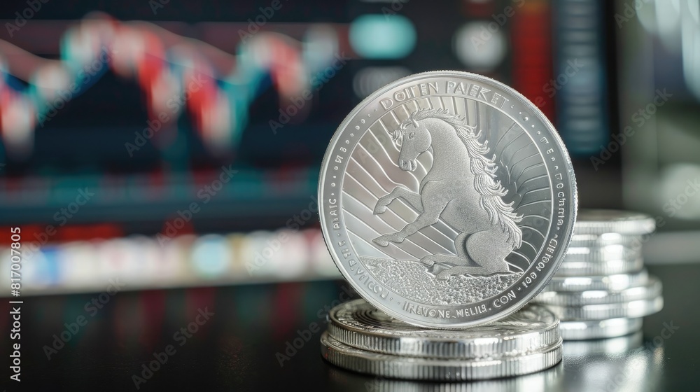 Poster A close-up of a silver coin balanced on top of a stack with a trading chart visible on a computer monitor in the background. 