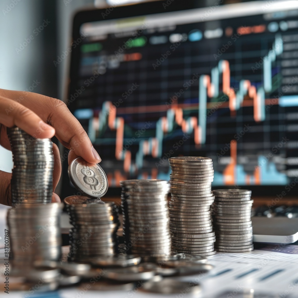 Poster A financial consultant presenting investment opportunities with a stack of silver coins and a trading chart displayed on a large screen. 