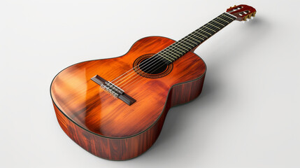 Realistic rendering of a classical acoustic guitar isolated on a pristine white background, showcasing its intricate details and wood grain texture.