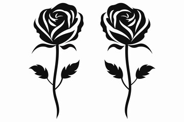 Vector set of decorative rose with leaves. Flower silhoutte isolated on a white background.