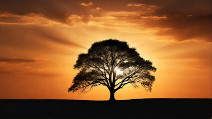 Stunning Tree Silhouette at Sunset: Golden Sky and Radiant Sunbeams Creating a Breathtaking Natural Landscape