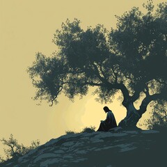 A minimalist graphic representation of Jesus praying on the Mount of Olives, characterized by clean lines and simplicity, conveying a serene and contemplative moment in a modern artistic style.