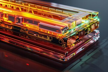 An abstract of a glowing crystal structure with vibrant colors and a glossy reflective surface.